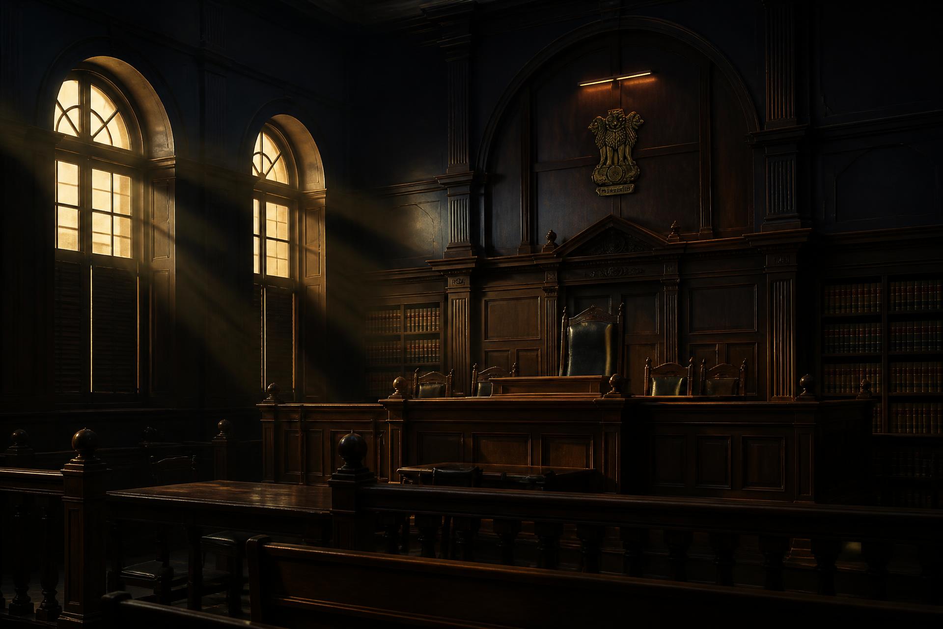 Interior of an Indian district courtroom with a wooden judge's bench and law reports — representative legal environment