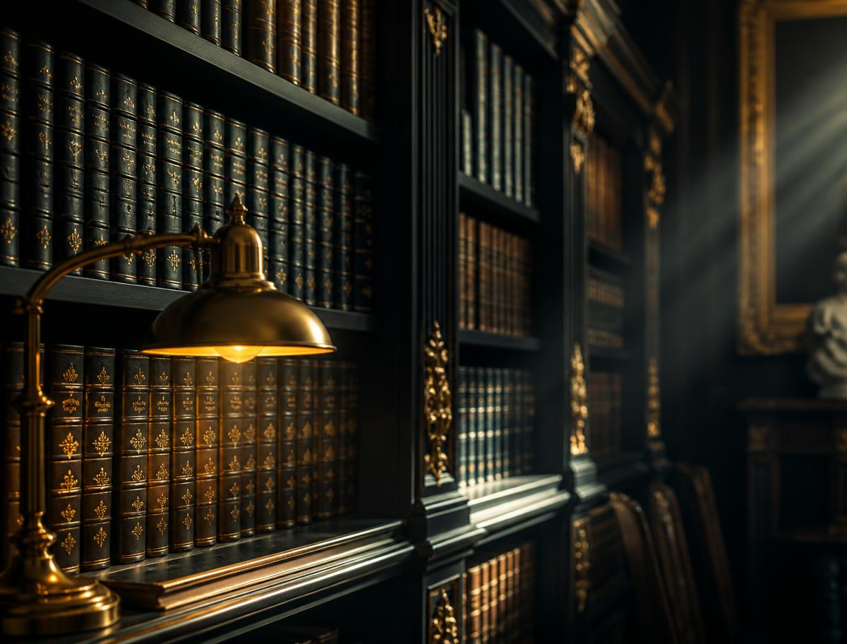 Shelves of leather-bound law reports lit by a brass reading lamp